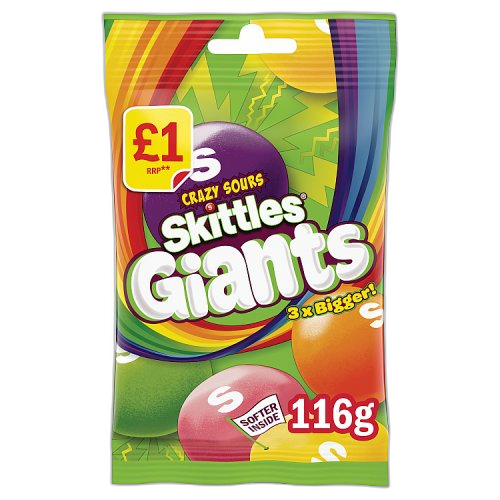 Skittles Giants Sour Sweets £1 PMP Bag 109g (1x12 Bags)