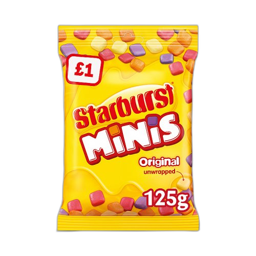 Starburst Minis Vegan Chews Sweets Pouch Bag £1 PMP 125g (1x12 Bags)